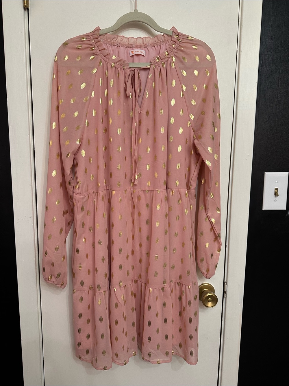 Women’s Pink Dress with Gold Dot Print - Tie Neck Tiered Style